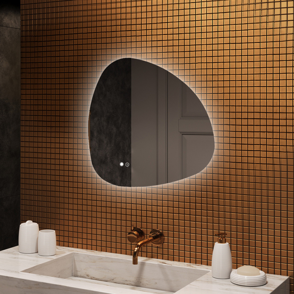 74x74 cm Lustro nieregularne z podświetleniem, 74x74cm, Dual color, Włącznik dotykowy, Mata grzewcza