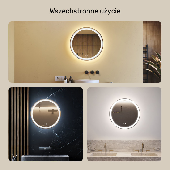 60x60 cm Okrągłe Lustro Łazienkowe Podświetlane 60cm z Dual color, Włącznik dotykowy, Mata grzewcza