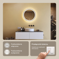 60x60 cm Okrągłe Lustro Łazienkowe Podświetlane 60cm z Dual color, Włącznik dotykowy, Mata grzewcza