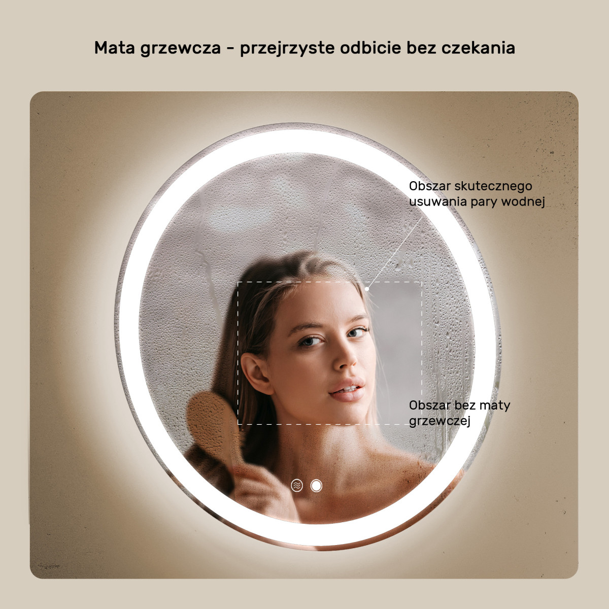 60x60 cm Okrągłe Lustro Łazienkowe Podświetlane 60cm z Dual color, Włącznik dotykowy, Mata grzewcza