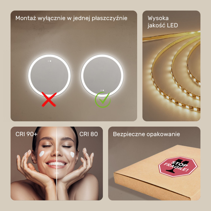 60x60 cm Okrągłe Lustro Łazienkowe Podświetlane 60cm z Dual color, Włącznik dotykowy, Mata grzewcza