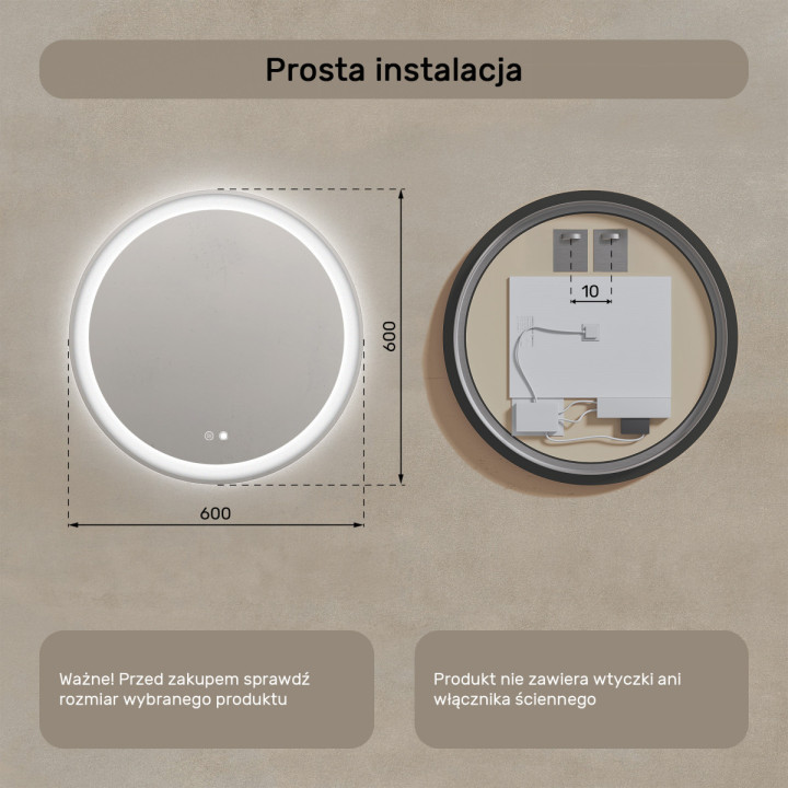 60x60 cm Okrągłe Lustro Łazienkowe Podświetlane 60cm z Dual color, Włącznik dotykowy, Mata grzewcza