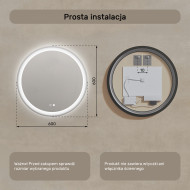 60x60 cm Okrągłe Lustro Łazienkowe Podświetlane 60cm z Dual color, Włącznik dotykowy, Mata grzewcza
