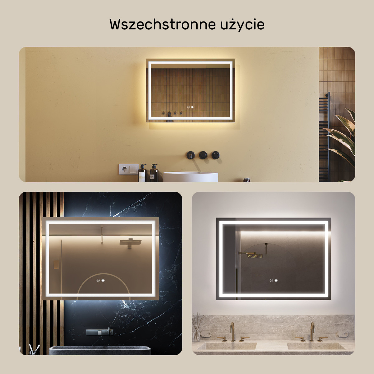 70x50 cm Lustro Łazienkowe Podświetlane 70x50cm z Dual color, Włącznik dotykowy, Mata grzewcza