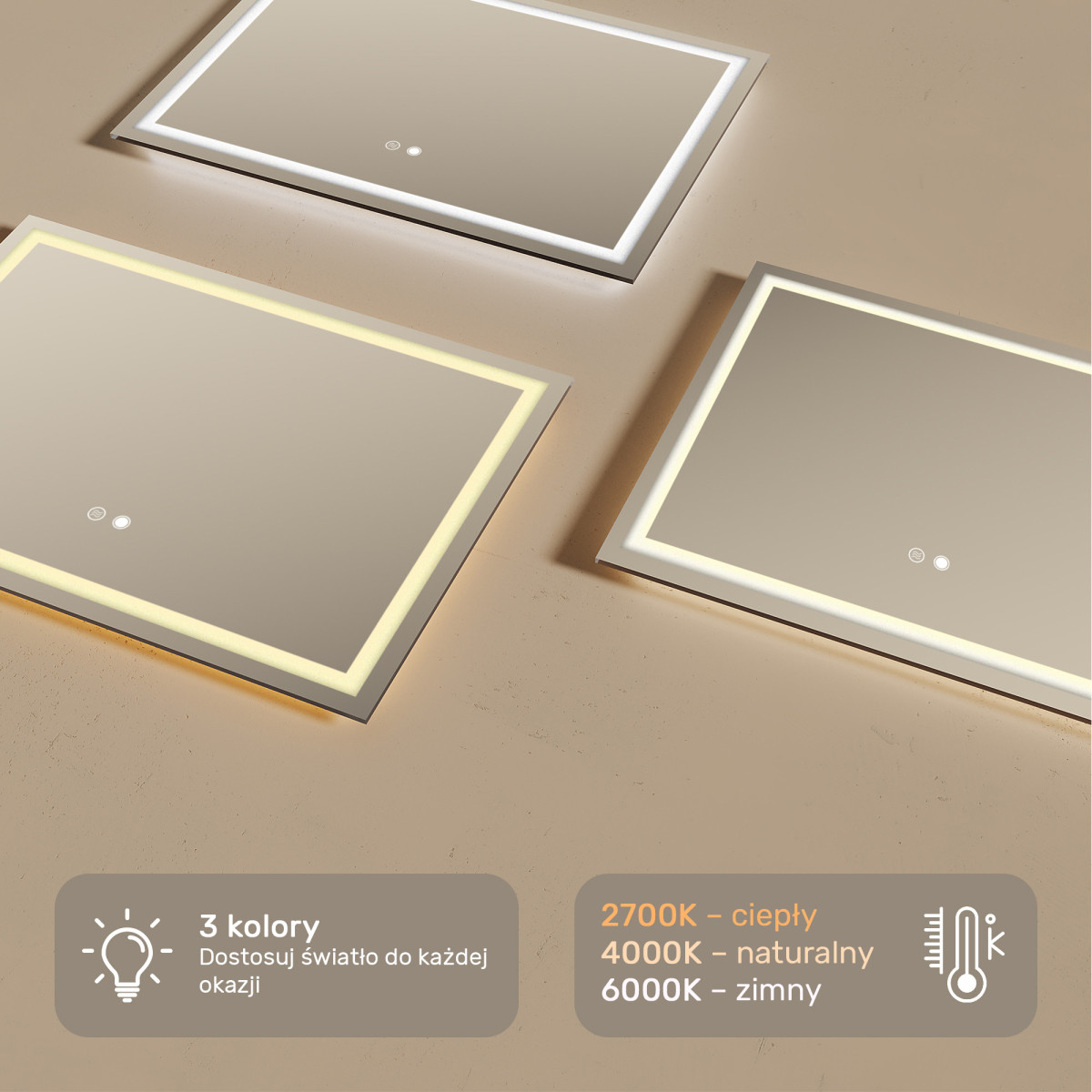 70x50 cm Lustro Łazienkowe Podświetlane 70x50cm z Dual color, Włącznik dotykowy, Mata grzewcza