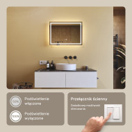 70x50 cm Lustro Łazienkowe Podświetlane 70x50cm z Dual color, Włącznik dotykowy, Mata grzewcza