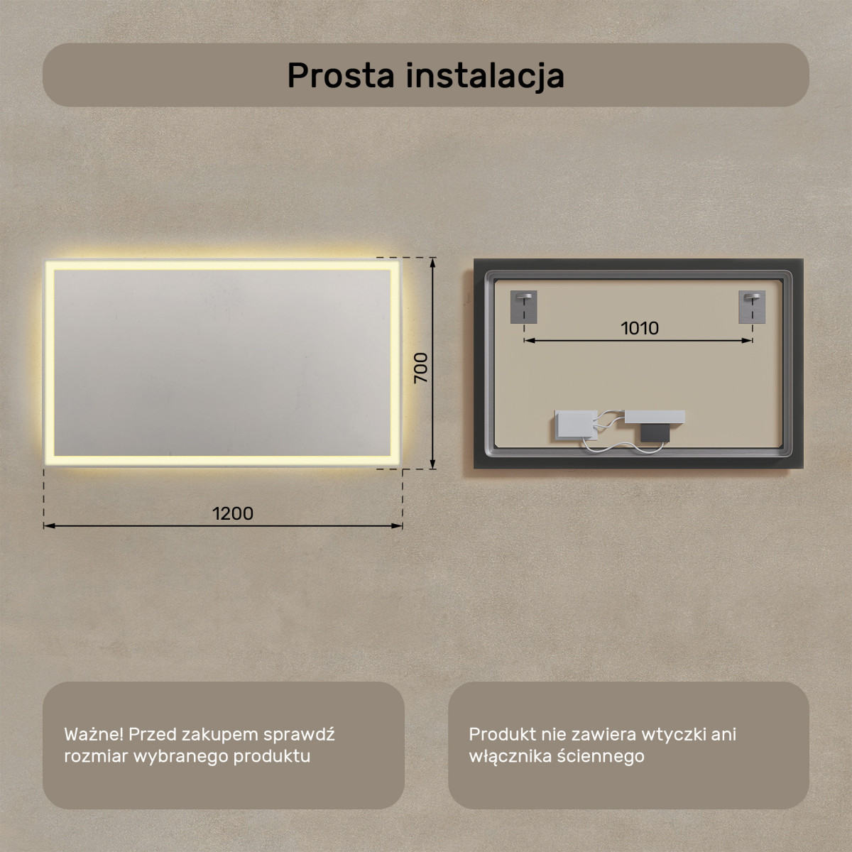 120x70 cm Prostokątne Lustro Łazienkowe Podświetlane 120x70cm z ciepłą barwą 3000K