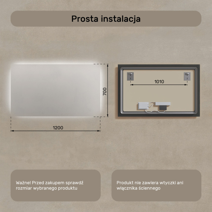 120x70 cm Prostokątne Lustro Łazienkowe Podświetlane 120x70cm z zimną barwą LED 7000K