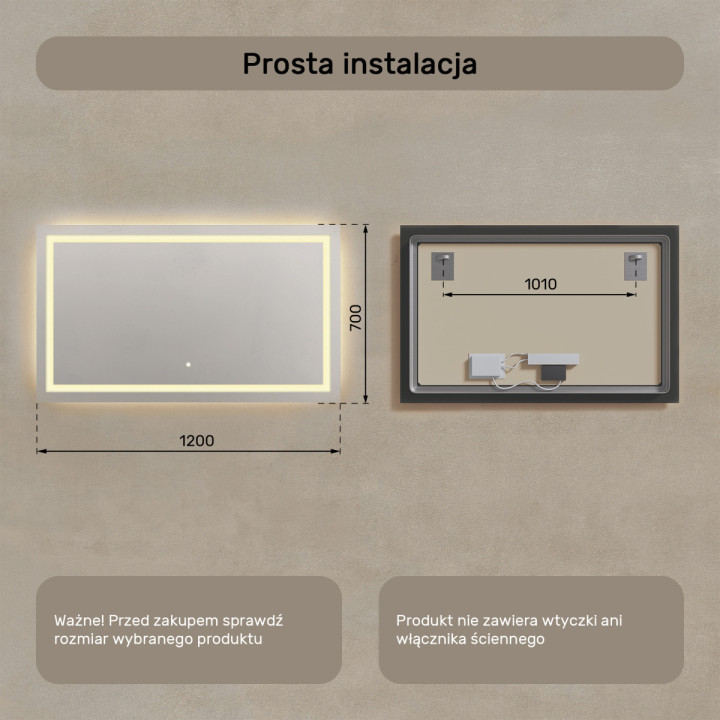 120x70 cm Prostokątne Lustro Łazienkowe Podświetlane 120x70cm z włącznikiem dotykowym, ciepłą barwą 3000K