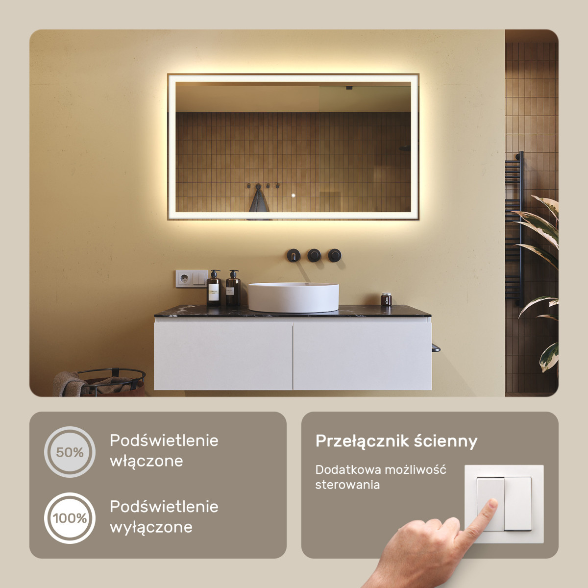 120x70 cm Prostokątne Lustro Łazienkowe Podświetlane 120x70cm z włącznikiem dotykowym, barwą neutralną 4500K