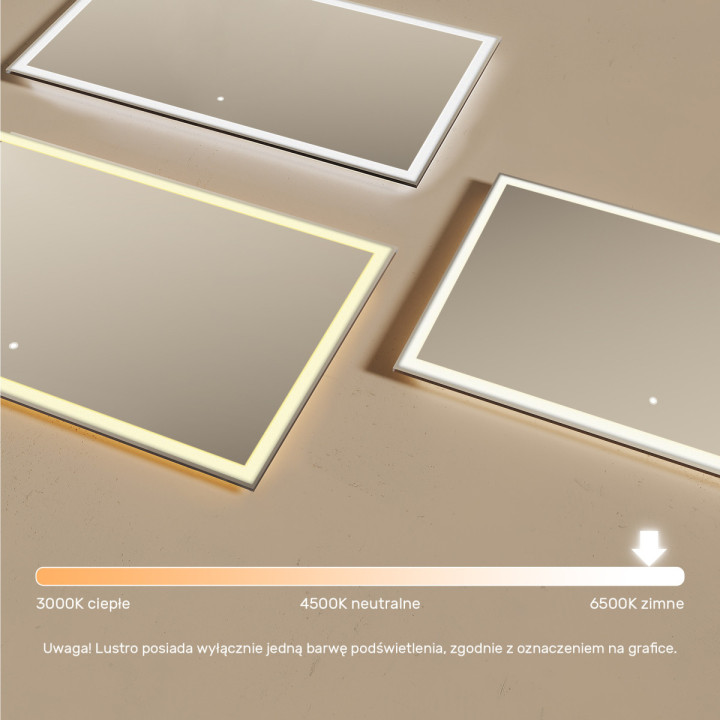 120x70 cm Prostokątne Lustro Łazienkowe Podświetlane 120x70cm z włącznikiem dotykowym, zimną barwą LED 7000K