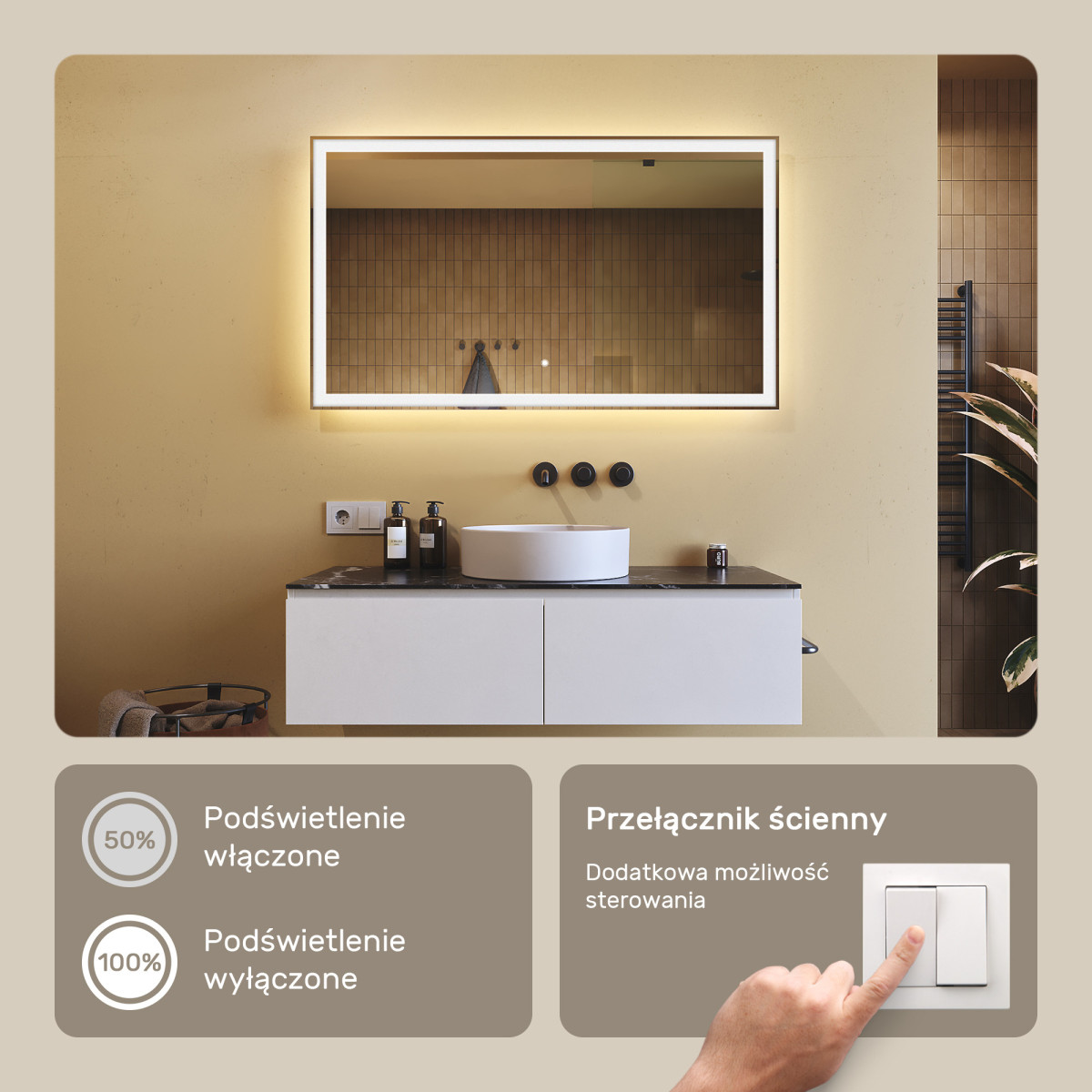 120x70 cm Prostokątne Lustro Łazienkowe Podświetlane 120x70cm z włącznikiem dotykowym, zimną barwą LED 7000K