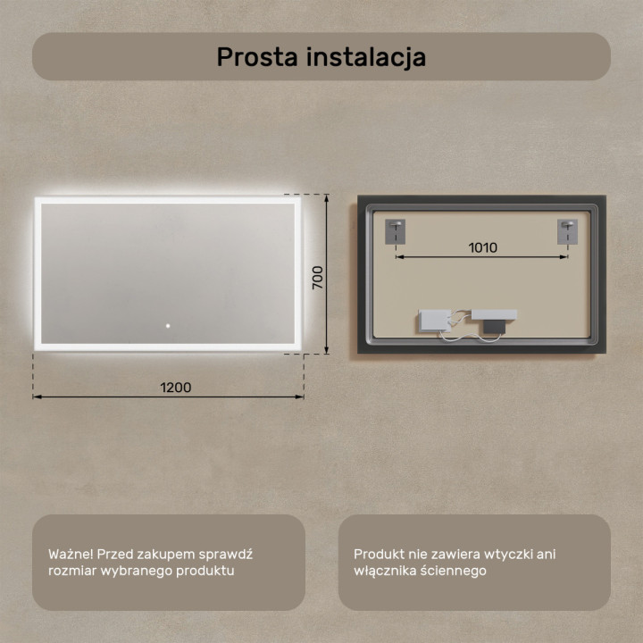 120x70 cm Prostokątne Lustro Łazienkowe Podświetlane 120x70cm z włącznikiem dotykowym, zimną barwą LED 7000K