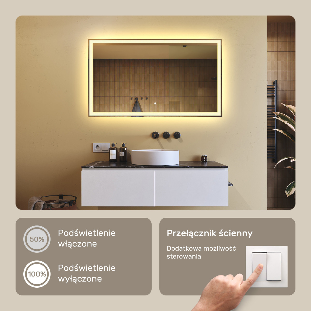 120x70 cm Prostokątne Lustro Łazienkowe Podświetlane 120x70cm z włącznikiem dotykowym, ciepłą barwą 3000K