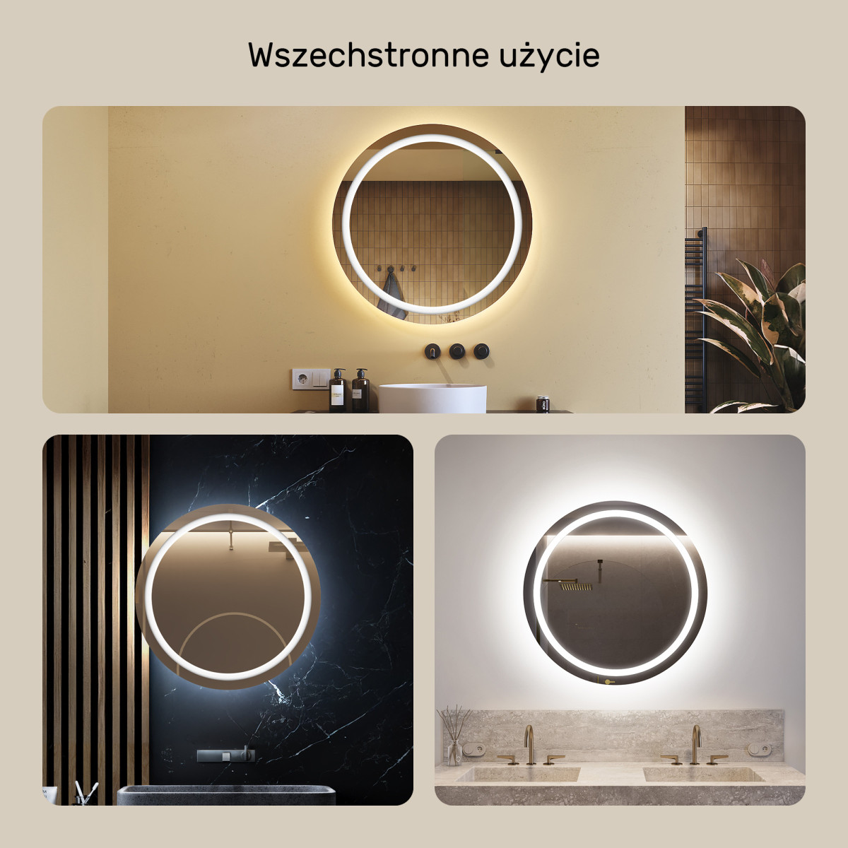 80x80 cm Okrągłe Lustro Łazienkowe Podświetlane 80cm z zimną barwą LED 7000K