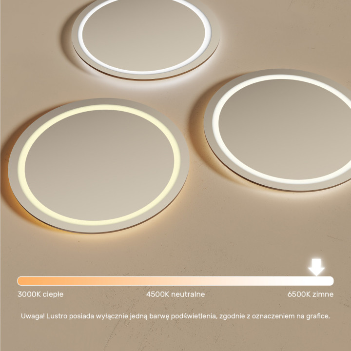 80x80 cm Okrągłe Lustro Łazienkowe Podświetlane 80cm z zimną barwą LED 7000K