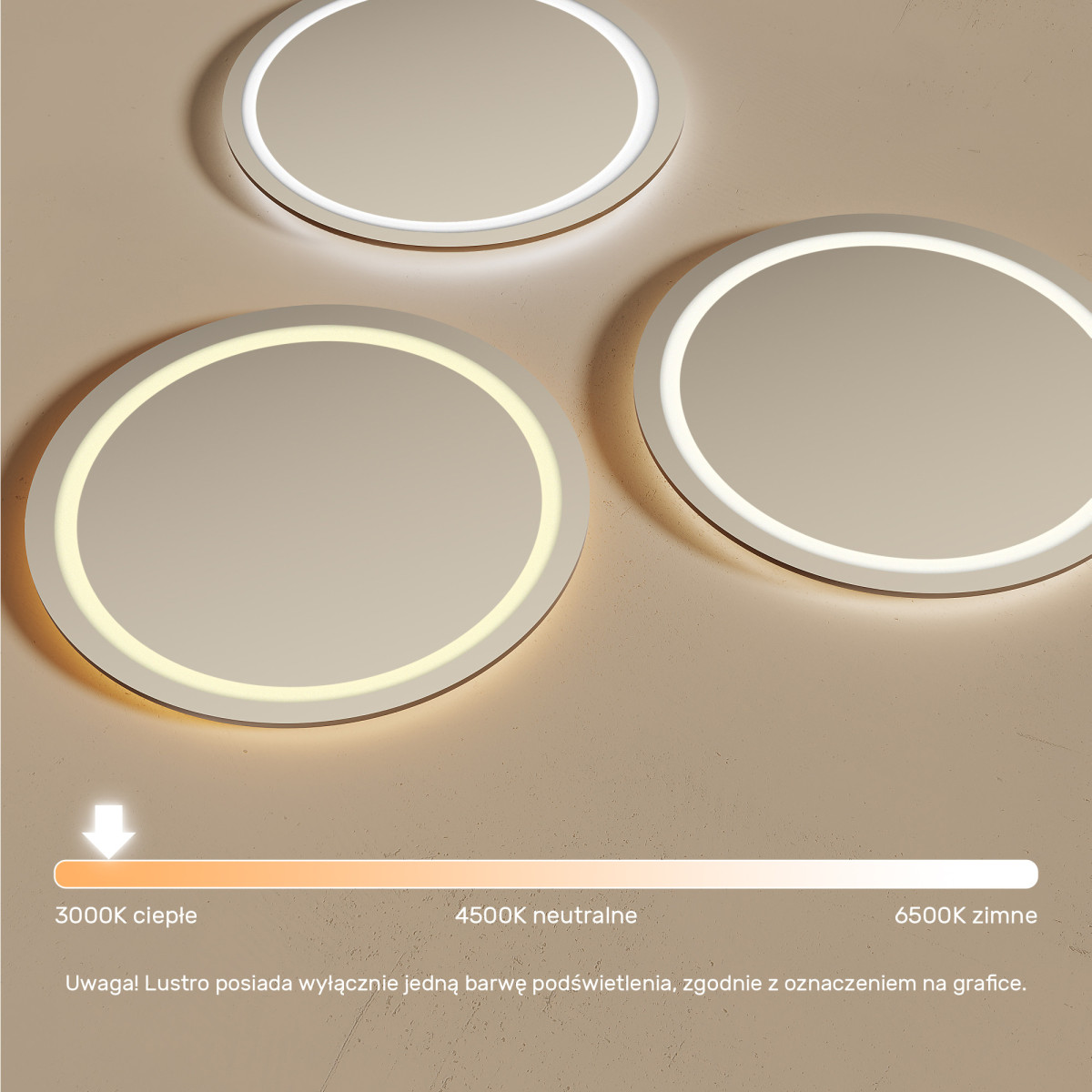 80x80 cm Okrągłe Lustro Łazienkowe Podświetlane 80cm z ciepłą barwą 3000K