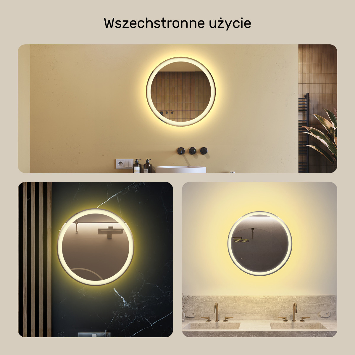 60x60 cm Okrągłe Lustro Łazienkowe Podświetlane 60cm z ciepłą barwą 3000K