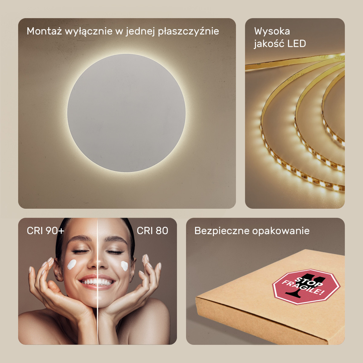 80x80 cm Okrągłe Lustro Łazienkowe Podświetlane 80cm z barwą neutralną 4500K