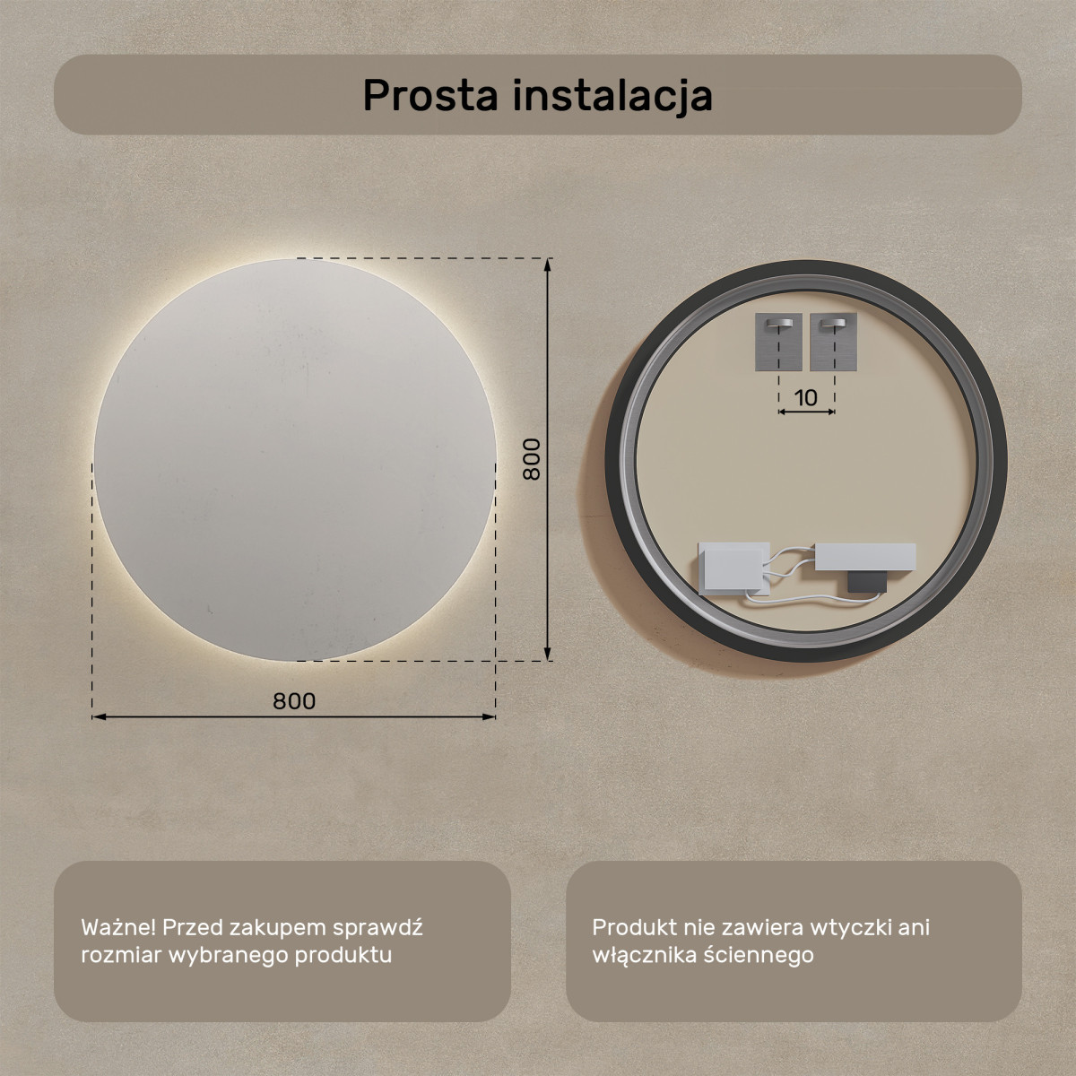 80x80 cm Okrągłe Lustro Łazienkowe Podświetlane 80cm z barwą neutralną 4500K