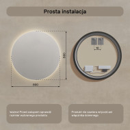 80x80 cm Okrągłe Lustro Łazienkowe Podświetlane 80cm z barwą neutralną 4500K