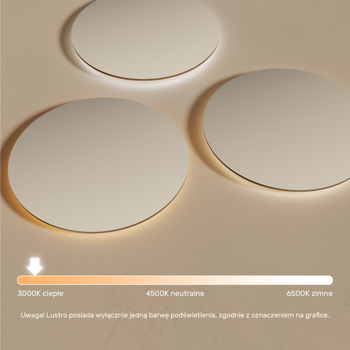 80x80 cm Okrągłe Lustro Łazienkowe Podświetlane 80cm z ciepłą barwą 3000K