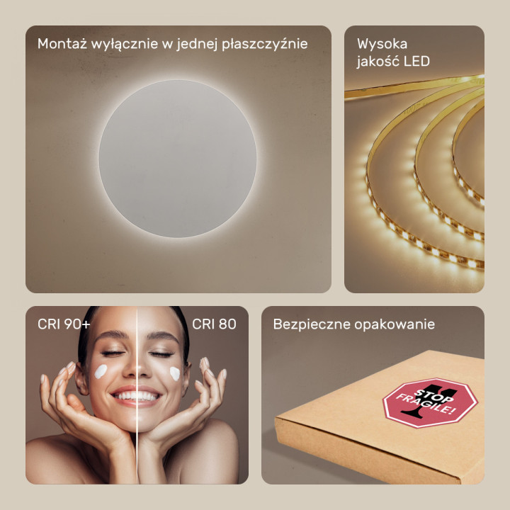 70x70 cm Okrągłe Lustro Łazienkowe Podświetlane 70cm z zimną barwą LED 7000K