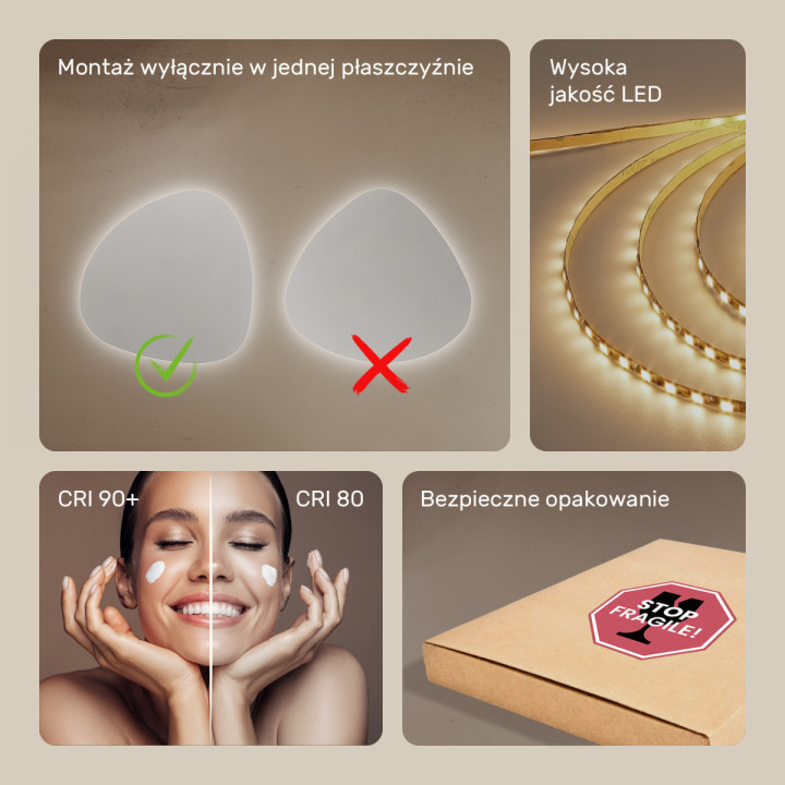 54x54 cm Lustro nieregularne podświetlane dekoracyjne LED 54x54cm z zimną barwą LED 7000K