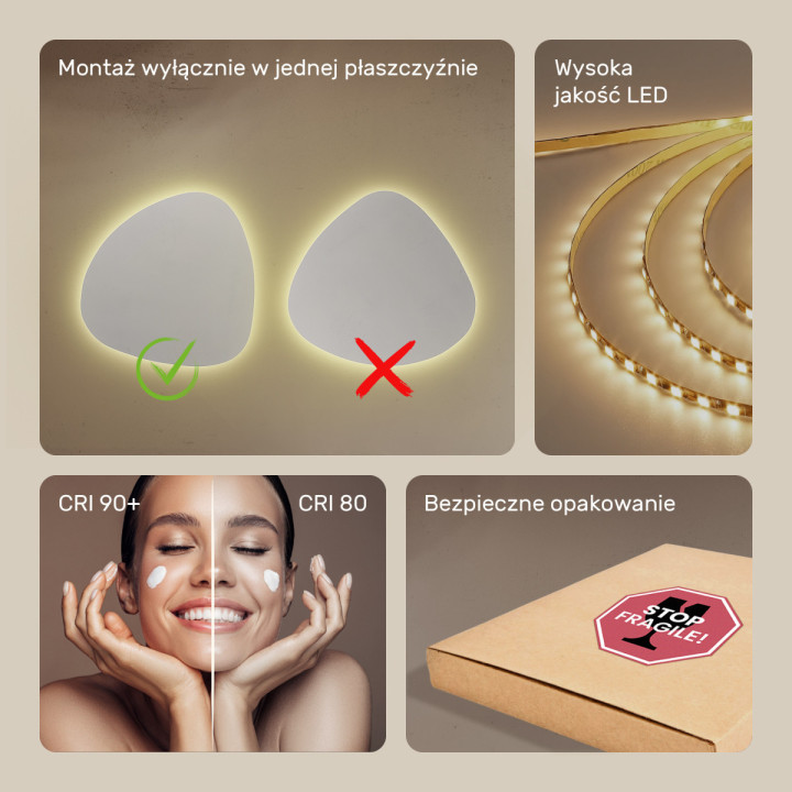 54x54 cm Lustro nieregularne podświetlane dekoracyjne LED 54x54cm z ciepłą barwą 3000K