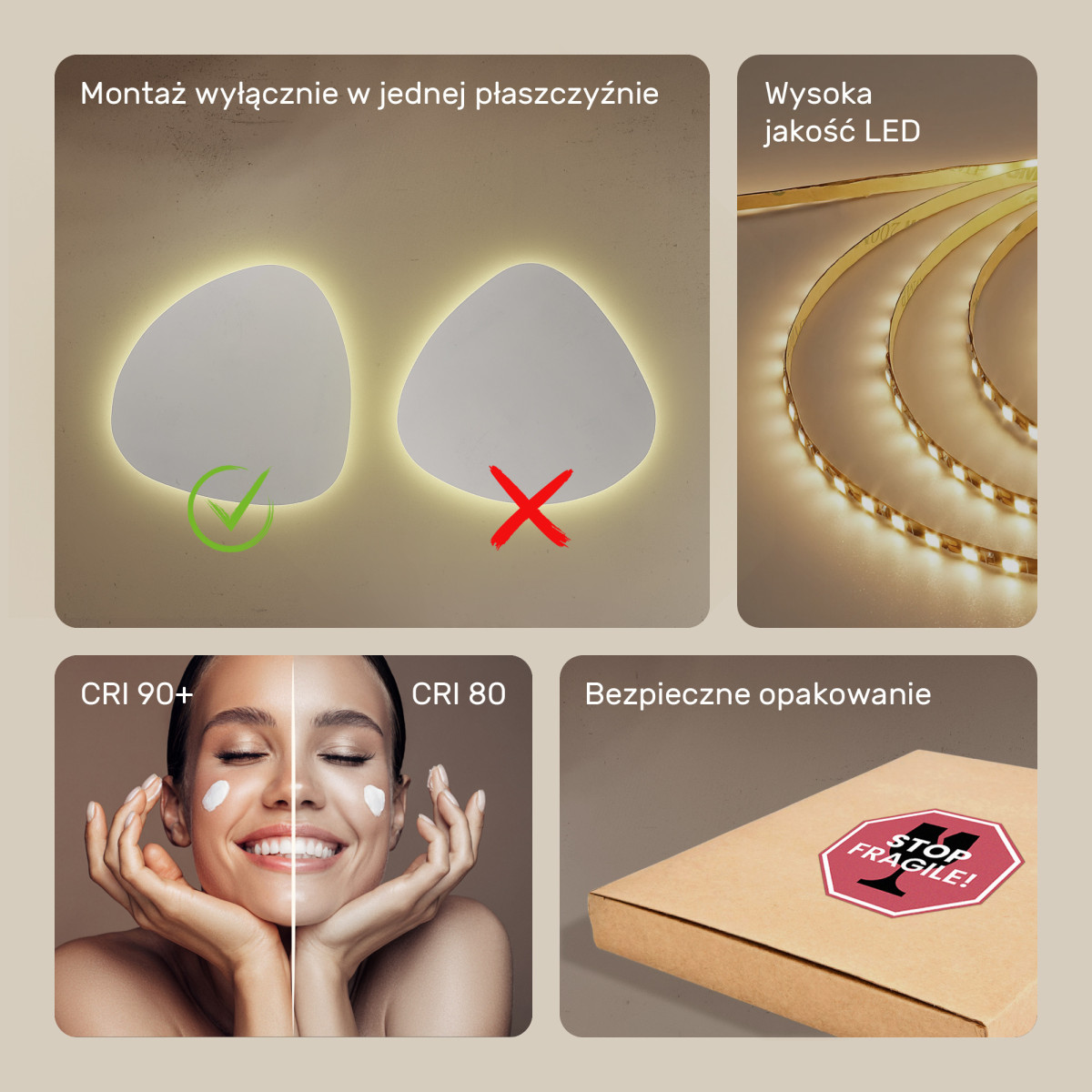 54x54 cm Lustro nieregularne podświetlane dekoracyjne LED 54x54cm z ciepłą barwą 3000K