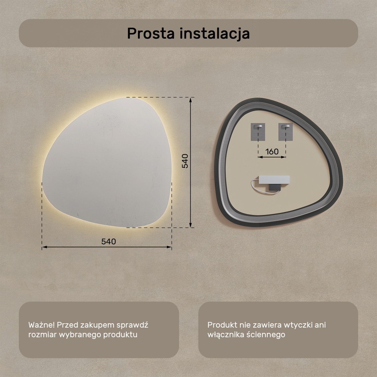 54x54 cm Lustro nieregularne podświetlane dekoracyjne LED 54x54cm z ciepłą barwą 3000K