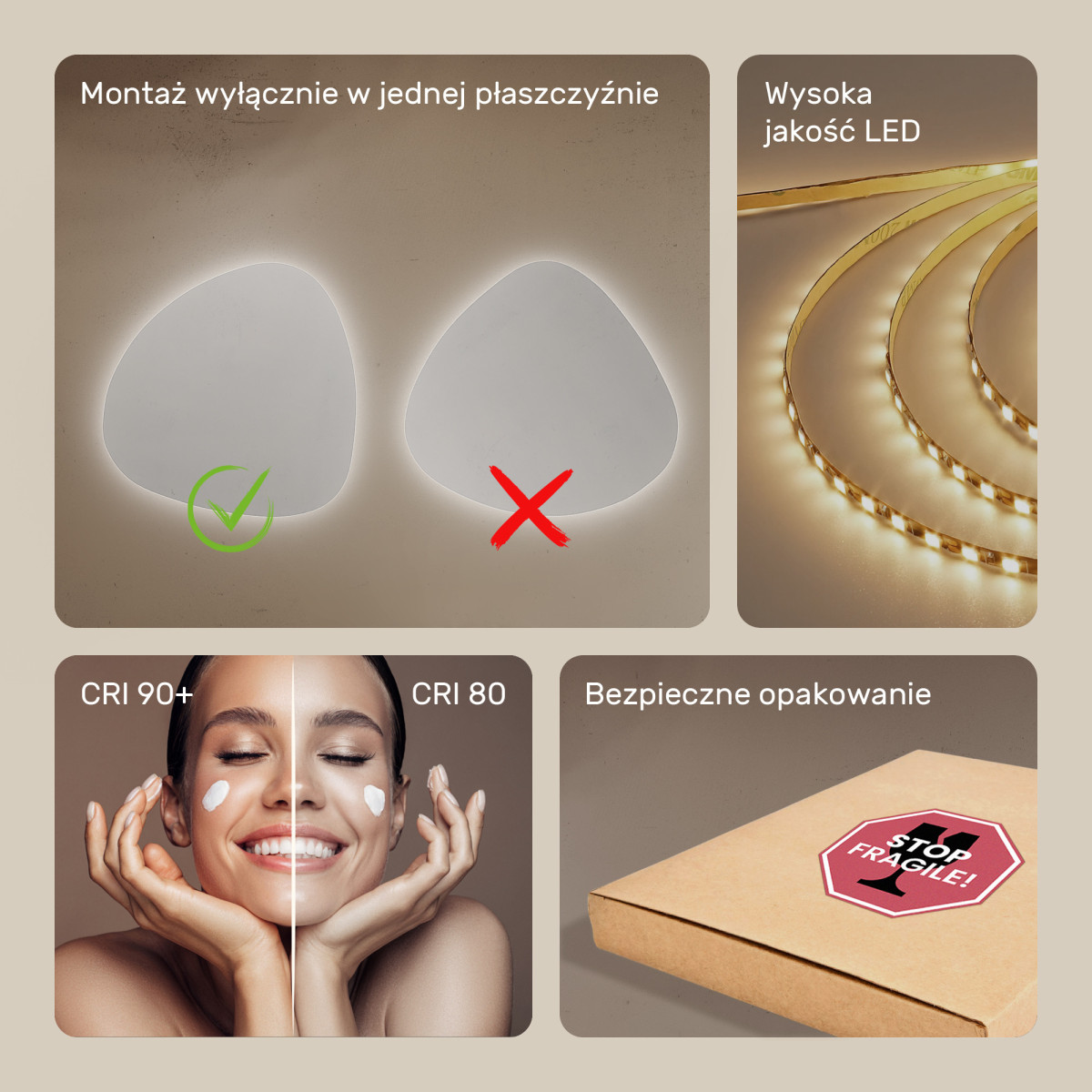 74x74 cm Lustro nieregularne podświetlane dekoracyjne LED 74x74cm z zimną barwą LED 7000K