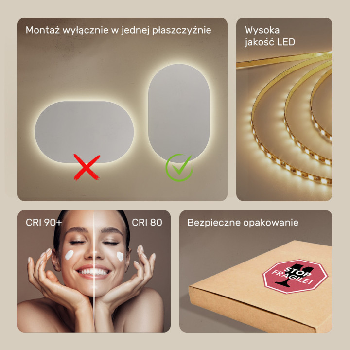 50x80 cm Lustro Łazienkowe Podświetlane 50x80cm z barwą neutralną 4500K