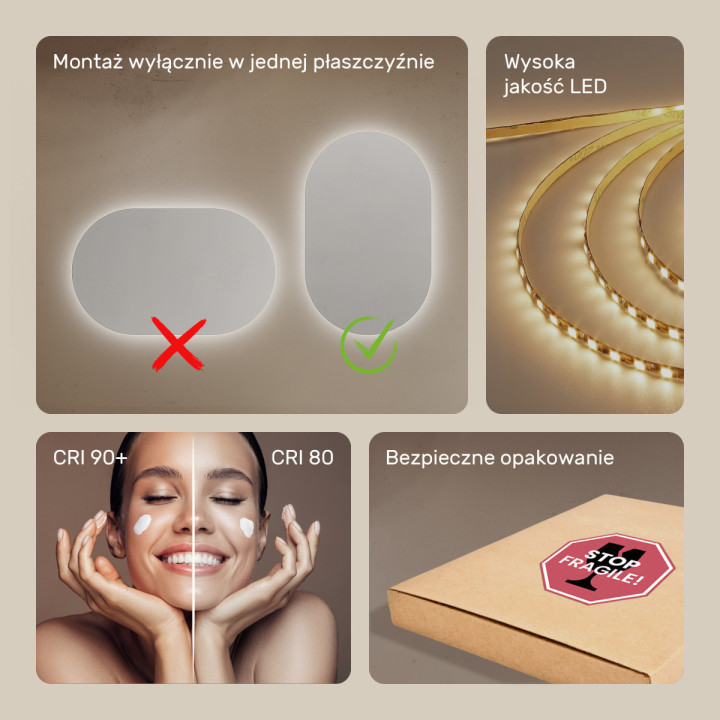 50x80 cm Lustro Łazienkowe Podświetlane 50x80cm z zimną barwą LED 7000K