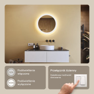 60x60 cm Okrągłe lustro łazienkowe podświetlane ledowo 60cm z Dual color, Włącznik dotykowy