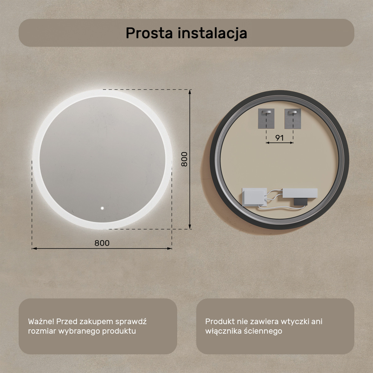 80x80 cm Lustro łazienkowe okrągłe z oświetleniem LED 80cm z Dual color, Włącznik dotykowy