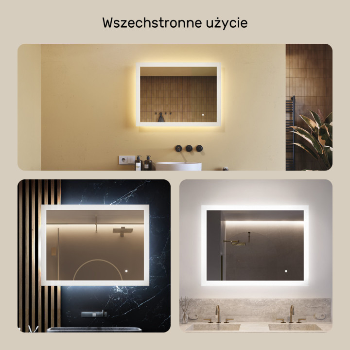 80x60 cm Prostokątne lustro do łazienki z oświetleniem LED 80x60cm z Dual color, Włącznik dotykowy