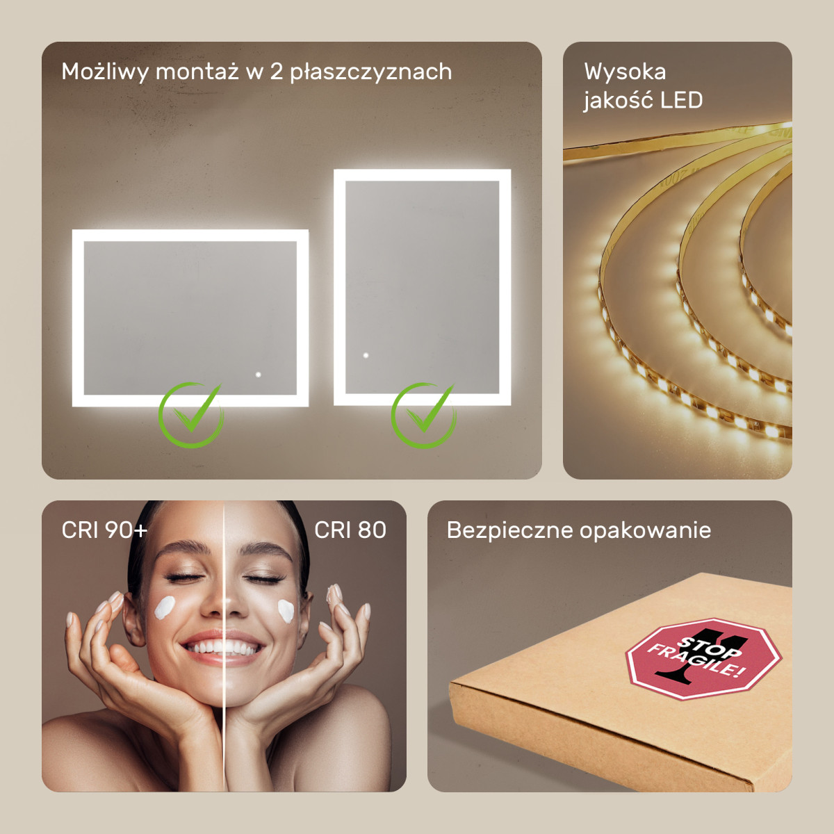 80x60 cm Prostokątne lustro do łazienki z oświetleniem LED 80x60cm z Dual color, Włącznik dotykowy