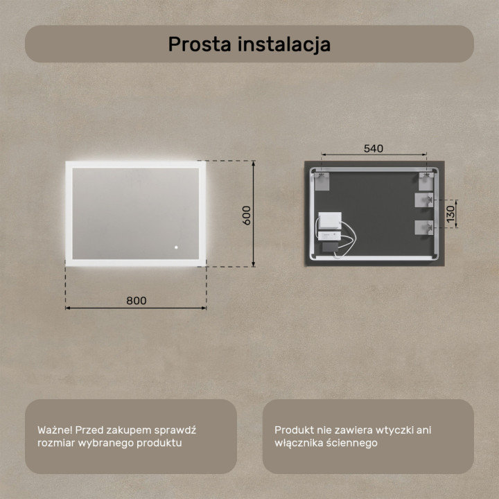 80x60 cm Prostokątne lustro do łazienki z oświetleniem LED 80x60cm z Dual color, Włącznik dotykowy