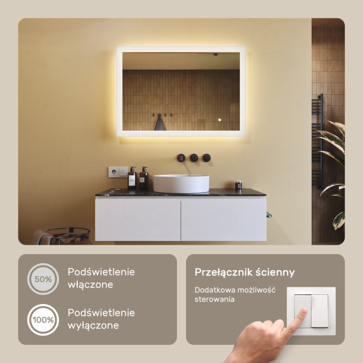 100x70 cm Prostokątne lustro do łazienki podświetlane LED 100x70cm z Dual color, Włącznik dotykowy