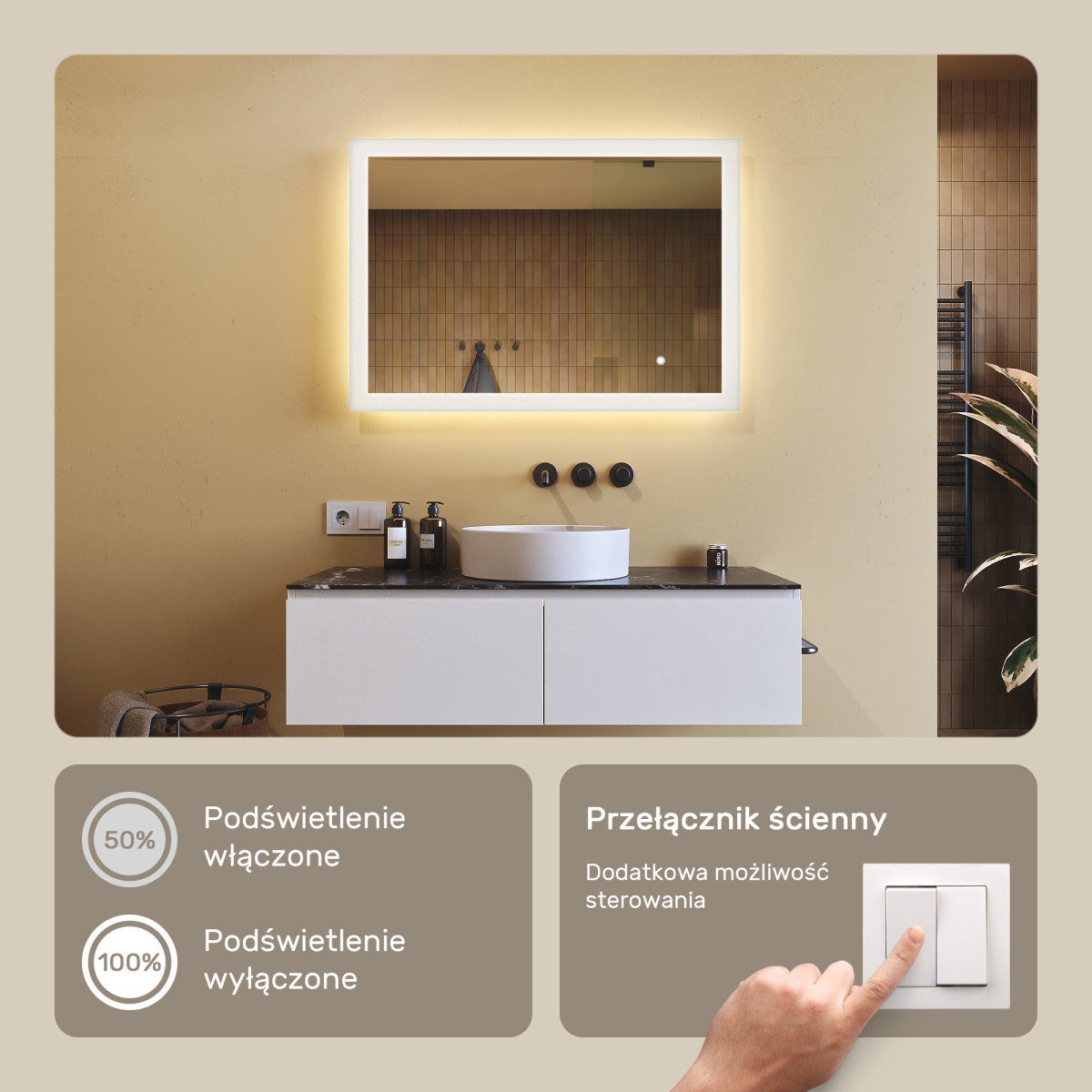 100x70 cm Prostokątne lustro do łazienki podświetlane LED 100x70cm z Dual color, Włącznik dotykowy