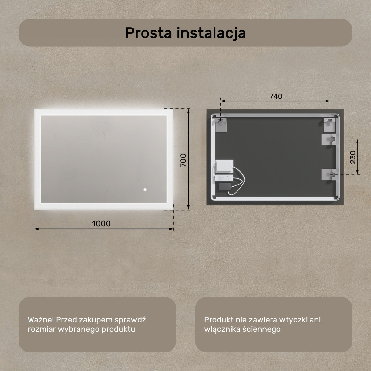 100x70 cm Prostokątne lustro do łazienki podświetlane LED 100x70cm z Dual color, Włącznik dotykowy