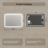100x70 cm Prostokątne lustro do łazienki podświetlane LED 100x70cm z Dual color, Włącznik dotykowy