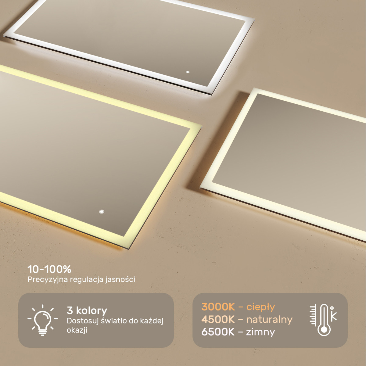 120x70 cm Lustro łazienkowe prostokątne z oświetleniem LED 120x70cm z Dual color, Włącznik dotykowy