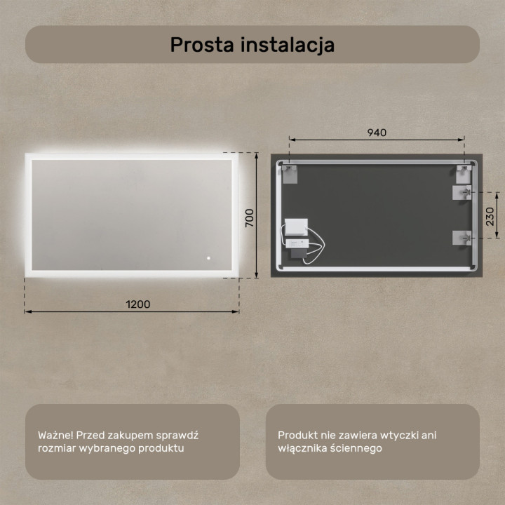 120x70 cm Lustro łazienkowe prostokątne z oświetleniem LED 120x70cm z Dual color, Włącznik dotykowy