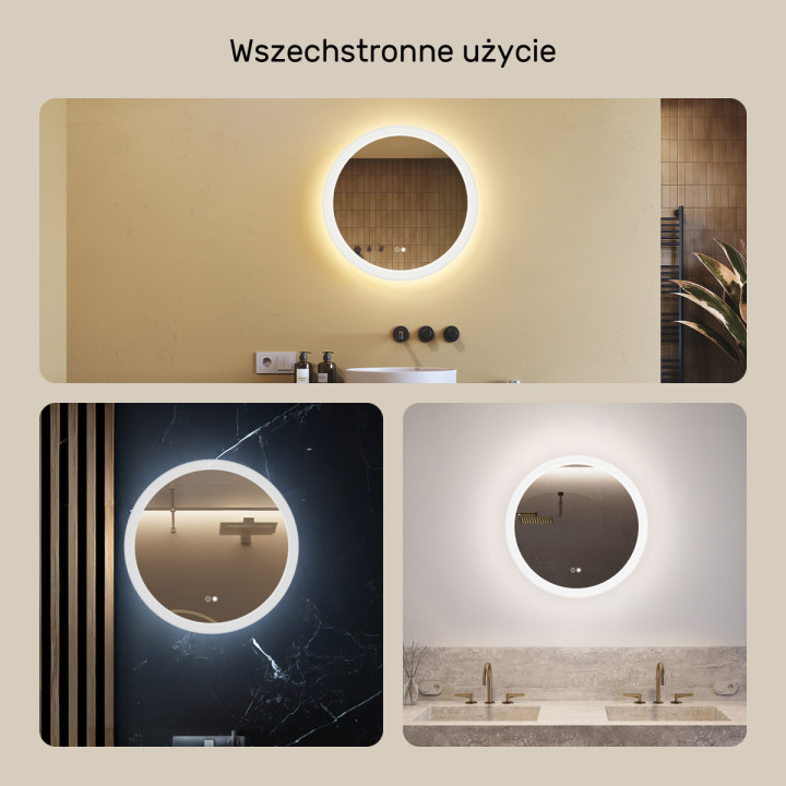Lustra okrągłe z oświetleniem LED do łazienki 60cm z Dual color, Włącznik dotykowy, Mata grzewcza