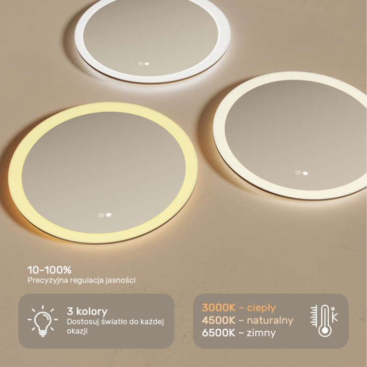Lustra okrągłe z oświetleniem LED do łazienki 60cm z Dual color, Włącznik dotykowy, Mata grzewcza