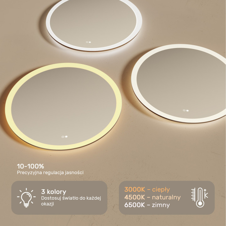 80x80 cm Lustro łazienkowe okrągłe z oświetleniem LED 80cm z Dual color, Włącznik dotykowy, Mata grzewcza