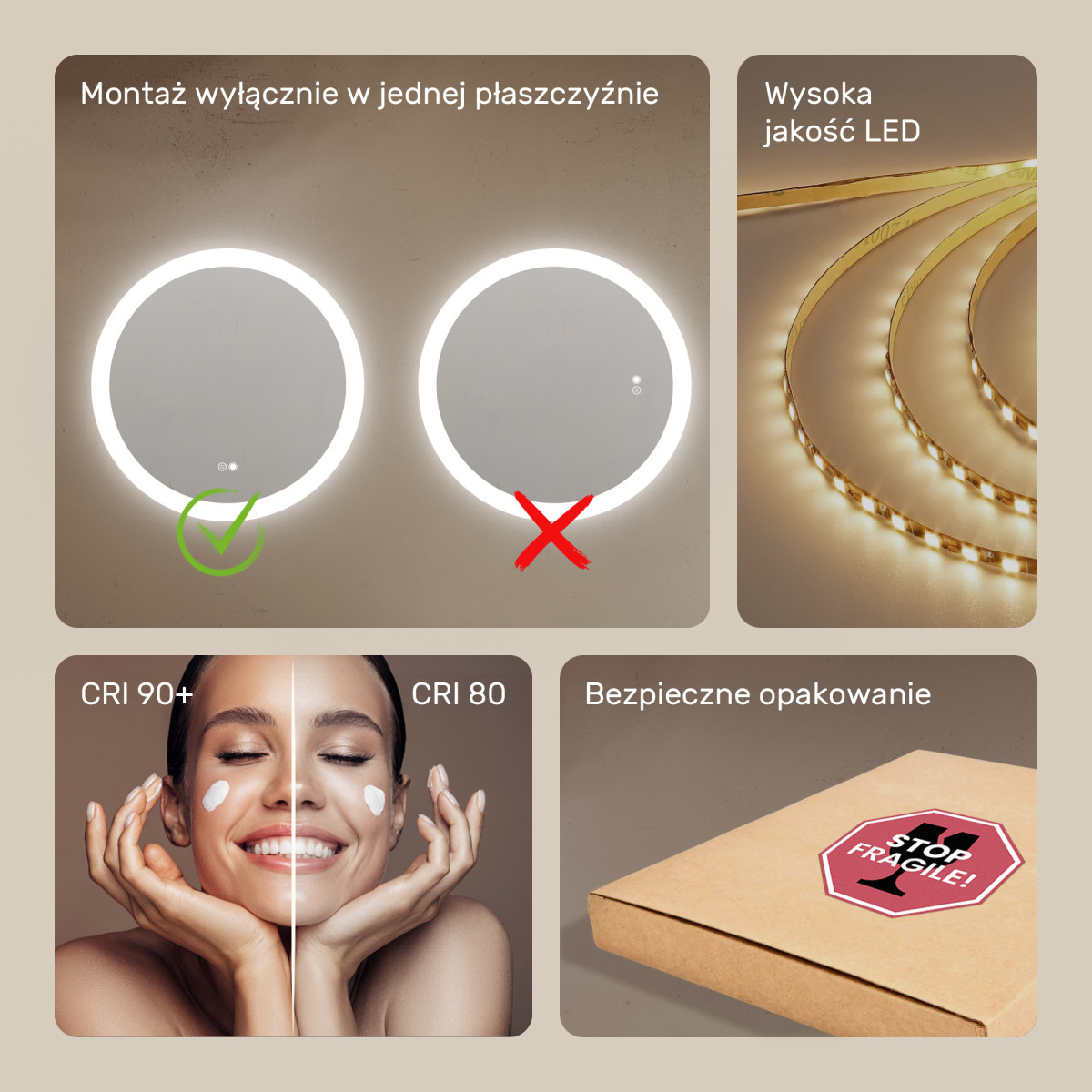 80x80 cm Lustro łazienkowe okrągłe z oświetleniem LED 80cm z Dual color, Włącznik dotykowy, Mata grzewcza