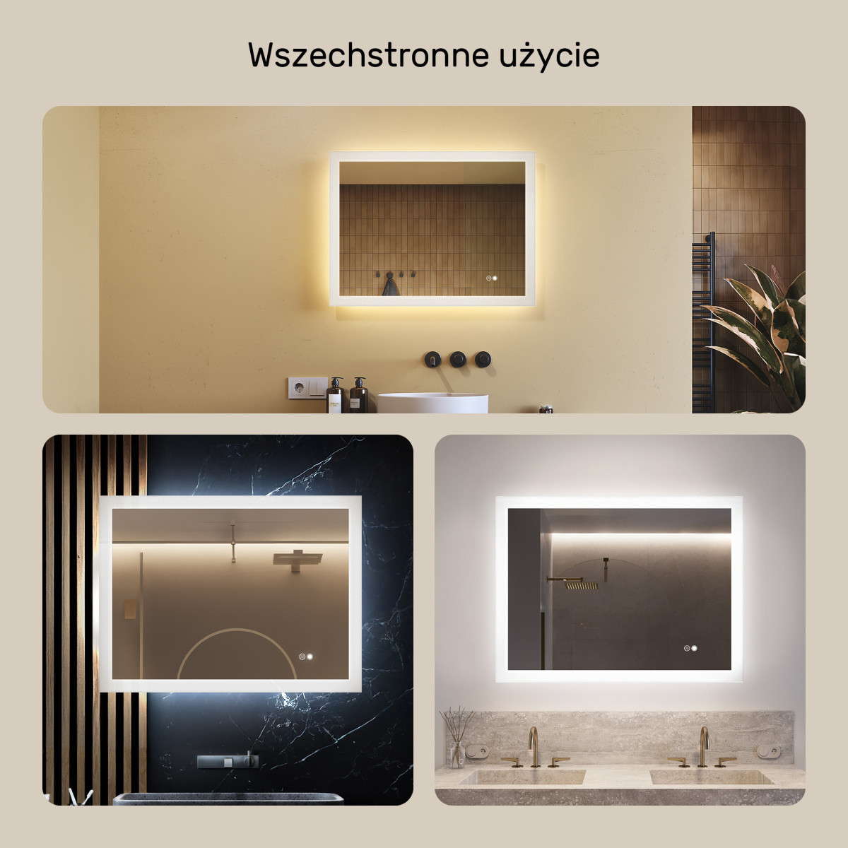 80x60 cm Prostokątne lustro łazienkowe LED 80x60cm z Dual color, Włącznik dotykowy, Mata grzewcza